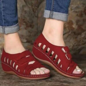 Buckal Red Wedge Sandal For Women