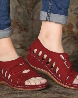 Buckal Red Wedge Sandal For Women