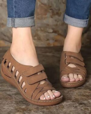 Buckal Camel Brown Wedge Sandal For Women