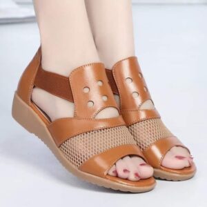 New Mesh Stitching Net Wedge Camel Brown Sandal