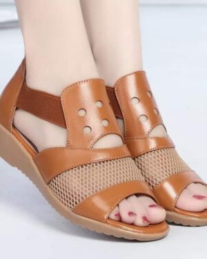 New Mesh Stitching Net Wedge Camel Brown Sandal