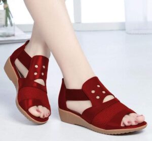 New Mesh Stitching Net Wedge Red Sandal