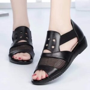 New Mesh Stitching Net Wedge Black Sandal