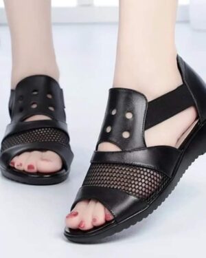 New Mesh Stitching Net Wedge Black Sandal