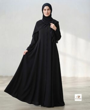 Ladies Abaya Full Dlair front button open-Black