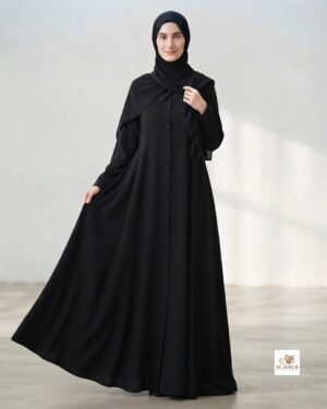 Ladies Abaya Full Dlair front button open-Black